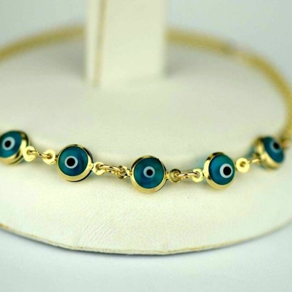 14k Yellow or White Gold Evil Eye 7" Bracelet - Picture 8 of 11
